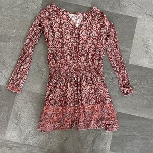 Women’s Red Printed Long-Sleeve Dress Romper